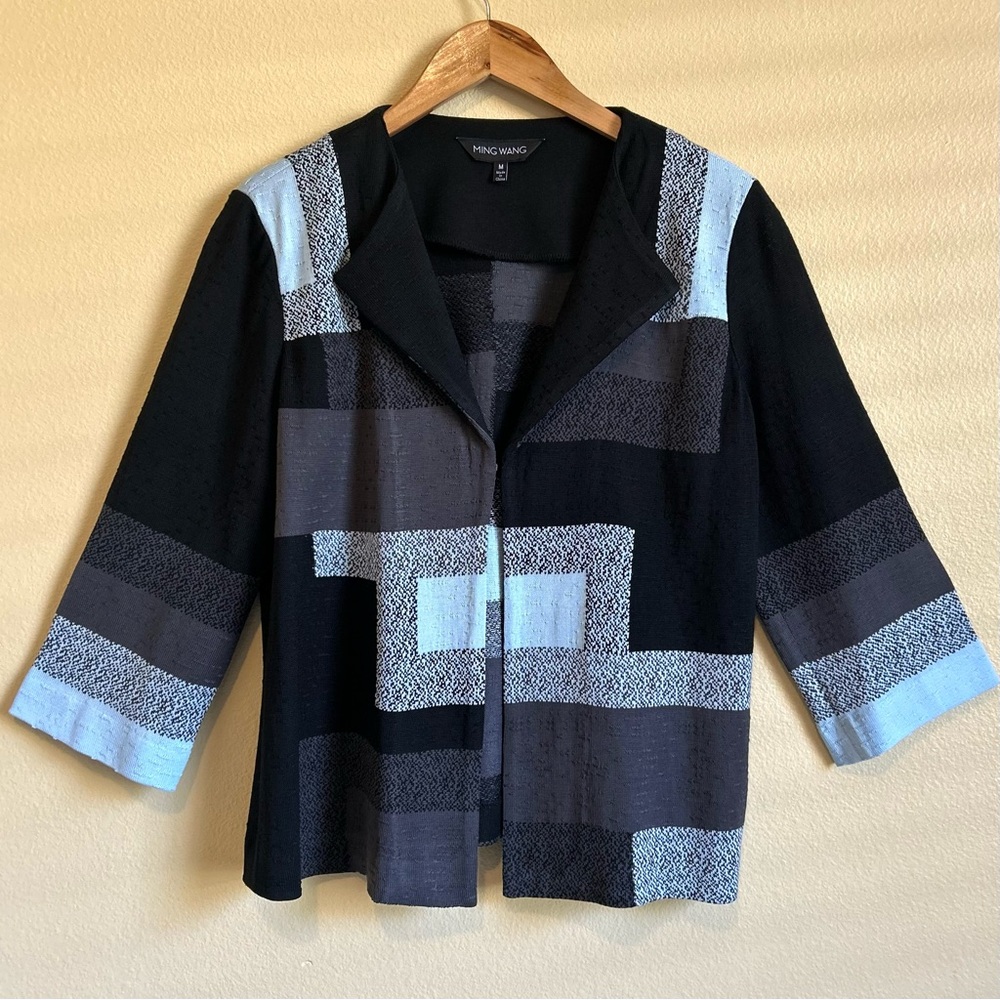 Ming Wang Cardigan Womens Medium 3/4 Sleeve Blue Black Textured Geometric Career